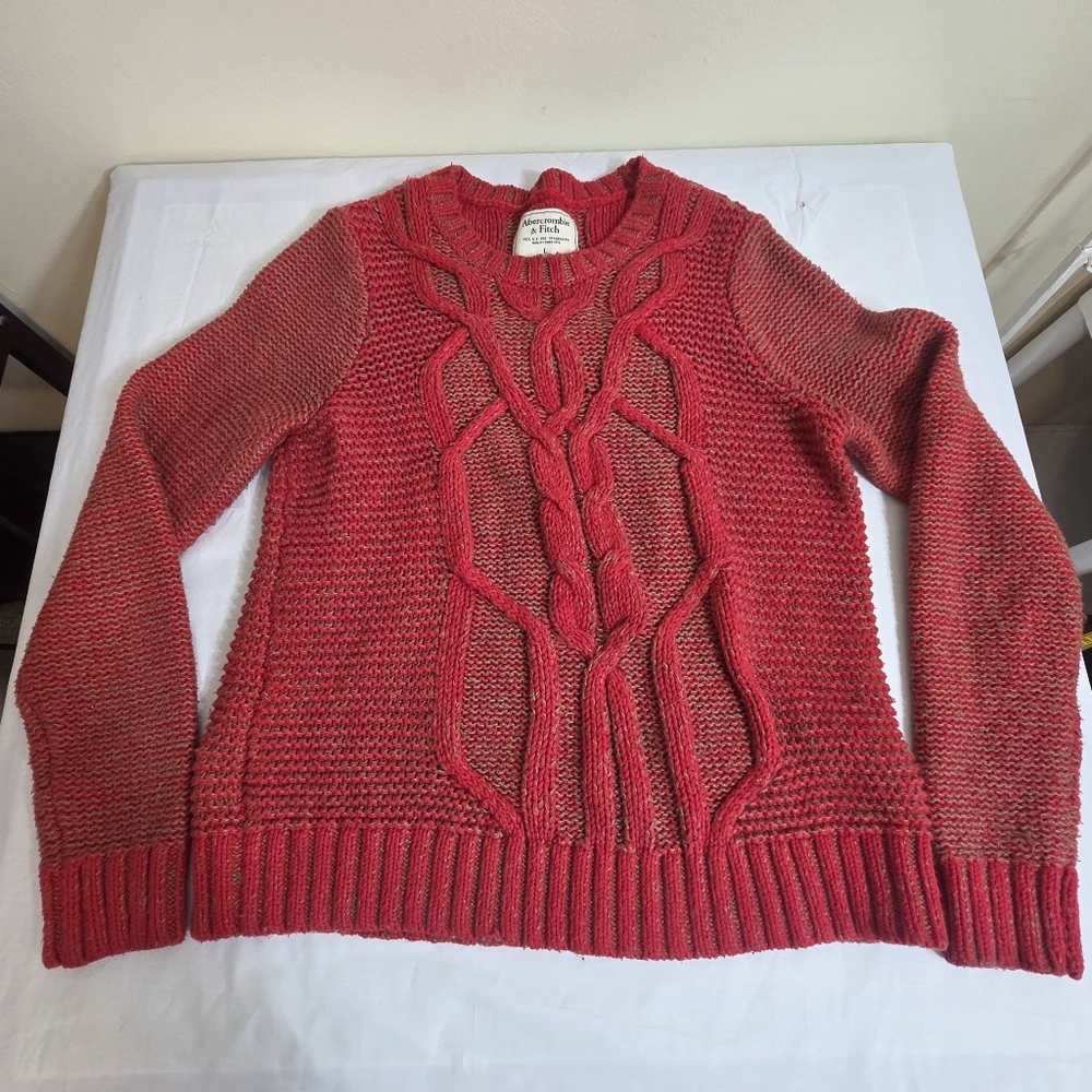 abercrombie & fitch cableknit fishermans crewneck sweater sz L wmns red nautical - Picture 5 of 11
